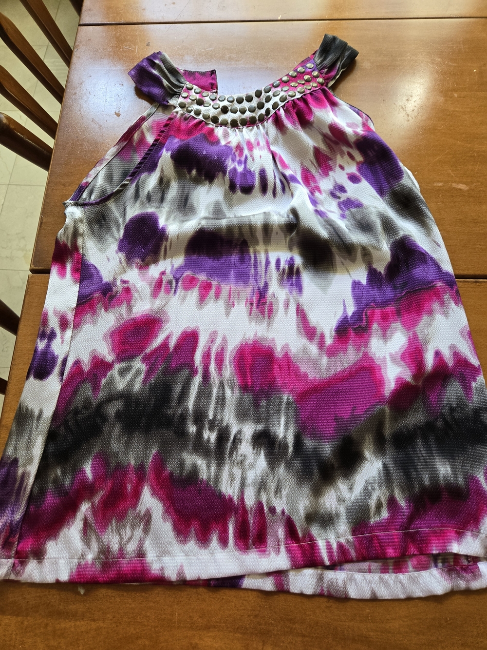 Womens Sleeveless Tie-Dye Shirt with Studded Neckline - Pink & Purple